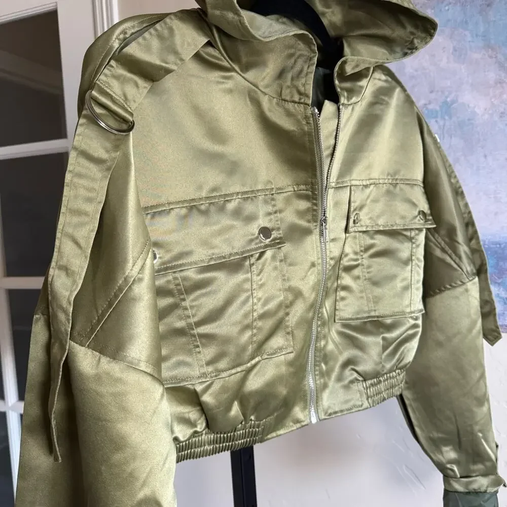 New Pretty Little Thing Womens Satin Oversized Hooded Bomber Jacket Sage Green 6 - Picture 4 of 9